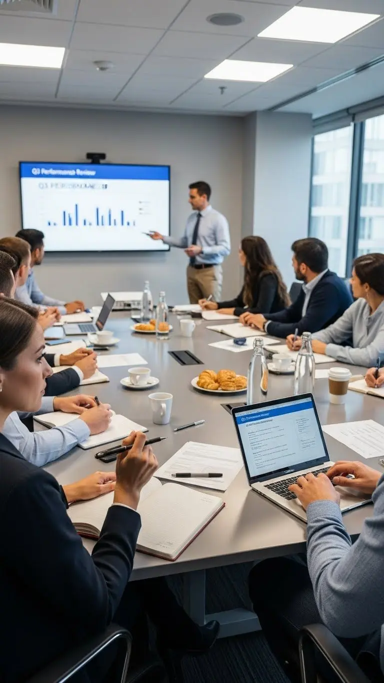 مembros de um time em reunião com expressões de concentração