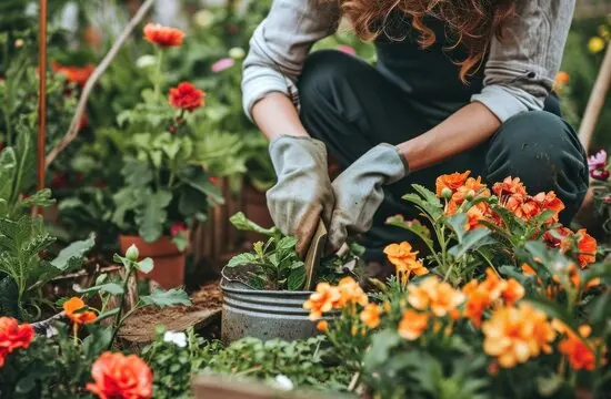 یک باغچه کوچک با گلدان‌های مختلف و گیاهان سبز
