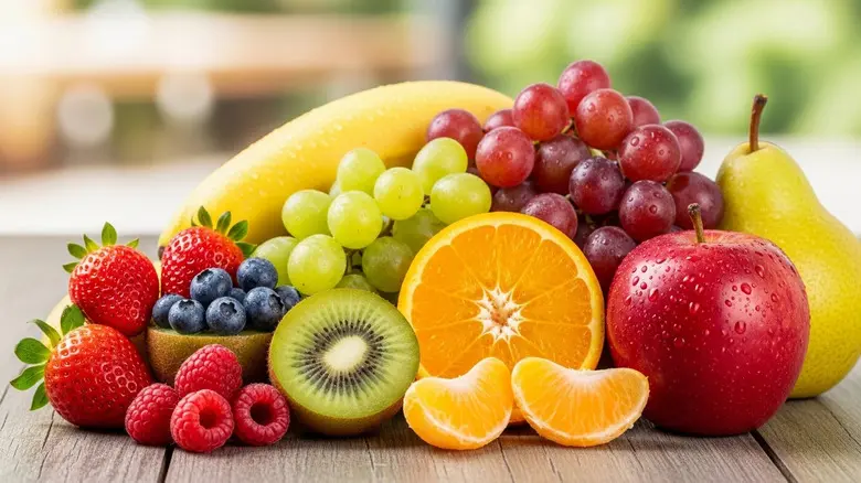 میوه‌های تازه و رنگارنگ در یک سبد چوبی