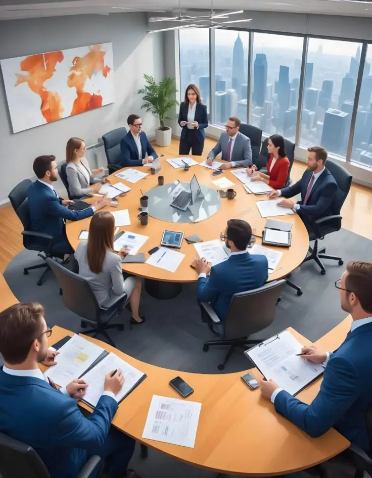 یک دفتر کاری با افراد مشغول به کار و یک ساعت روی میز نشان‌دهنده مدیریت زمان