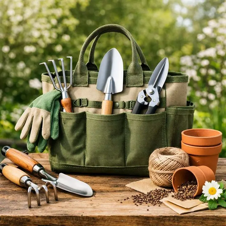 ابزارهای باغبانی مختلف در یک سبد چوبی برای نگهداری آسان و دسترسی سریع