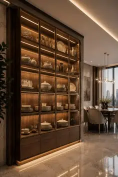 کابینت بدون دستگیره با درهای شیشه‌ای و طراحی مدرن
