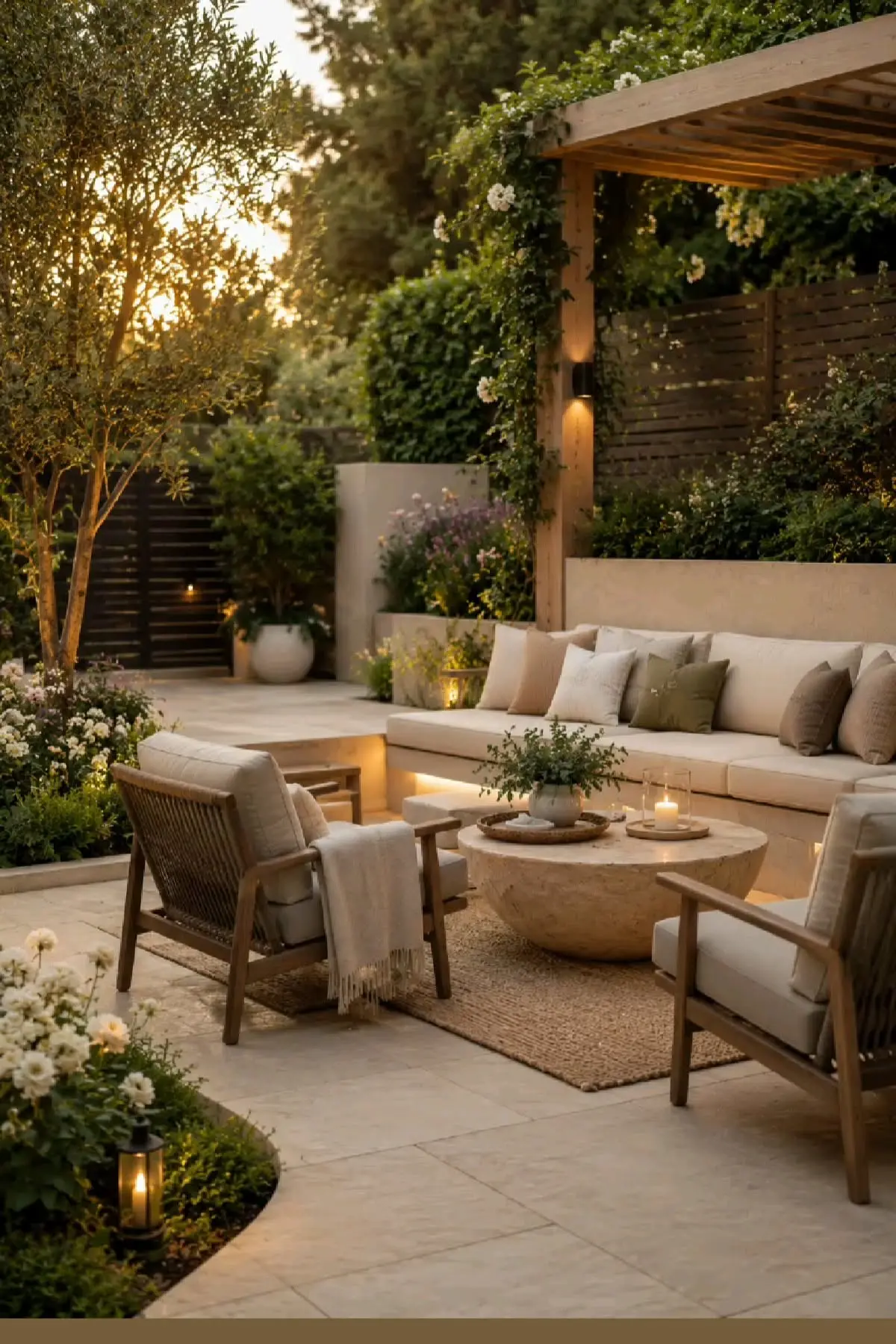 فضای نشیمن با گیاهان و سنگفرش طبیعی