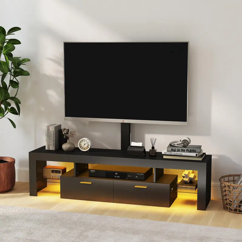 میز تلویزیون مدرن با نورپردازی LED و طراحی شیشه‌ای