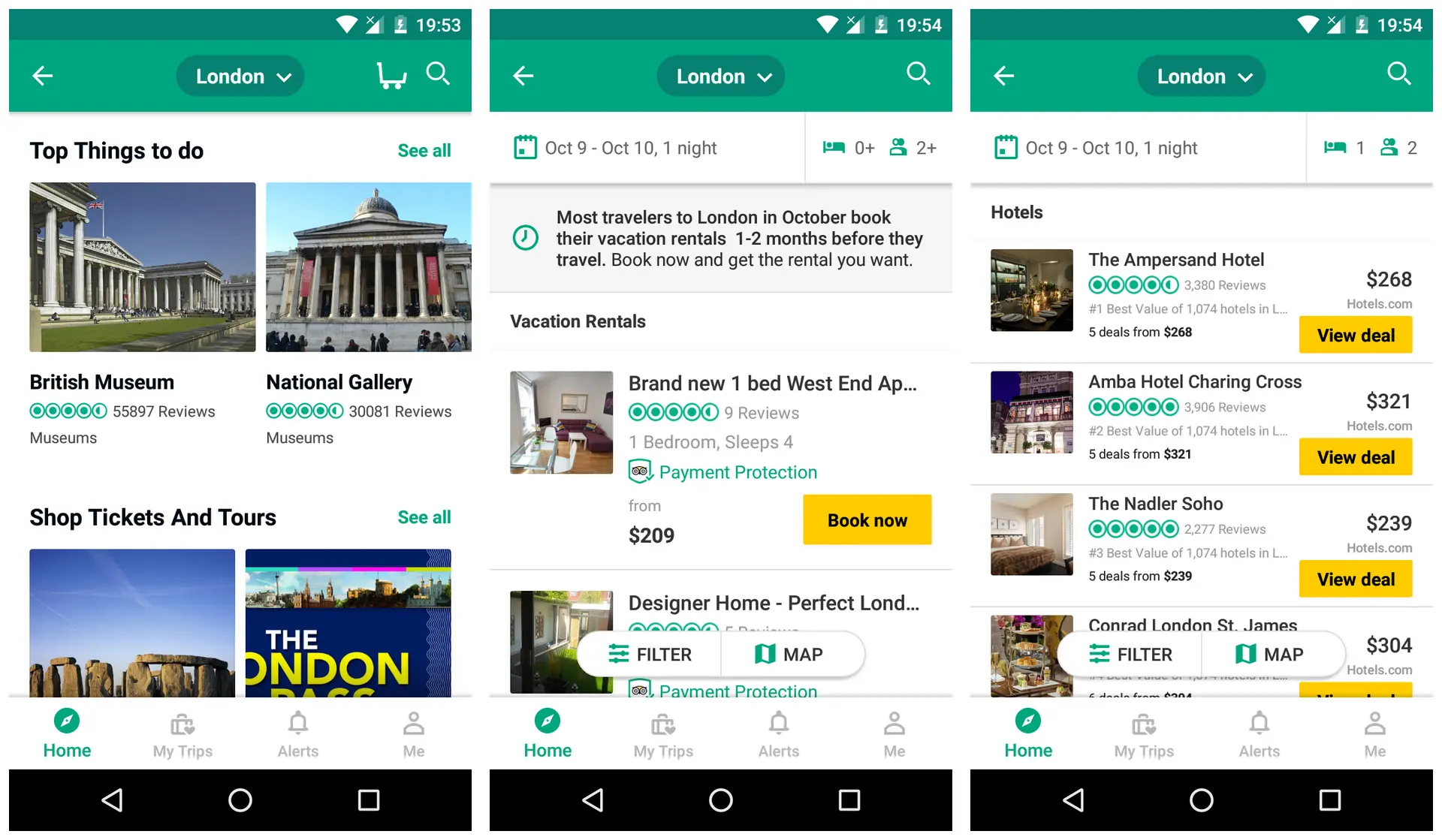 نمای برنامه TripAdvisor برای یافتن مکان‌های دیدنی و رستوران‌ها