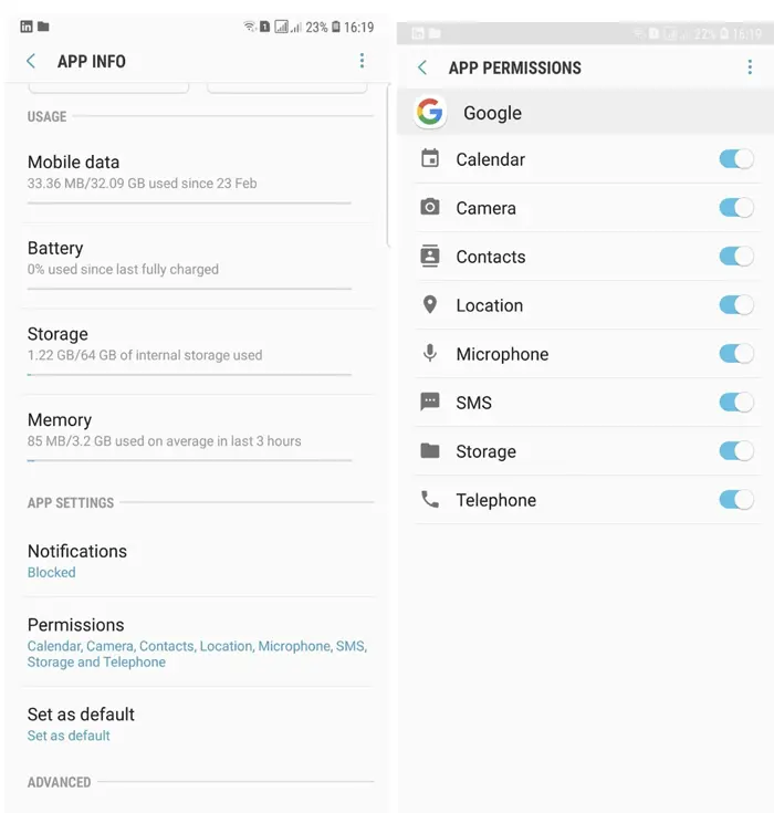 صفحه اطلاعات برنامه در اندروید با لیست مجوزها