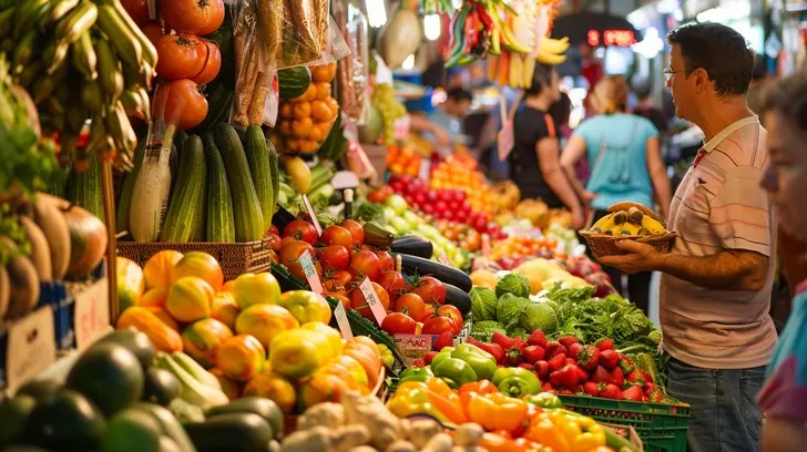 مجموعه‌ای از فروشگاه‌های کوچک در یک بازار محلی پر از فعالیت