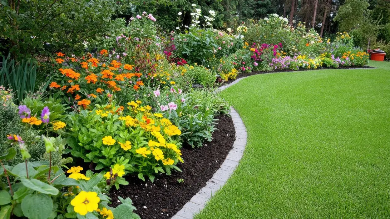 باغچه‌ای با گیاهان متنوع و رنگارنگ در کنار یک حوضچه کوچک