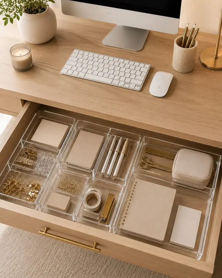 کابینت سازماندهی شده با کشوهای کوچک برای نگهداری وسایل روزانه