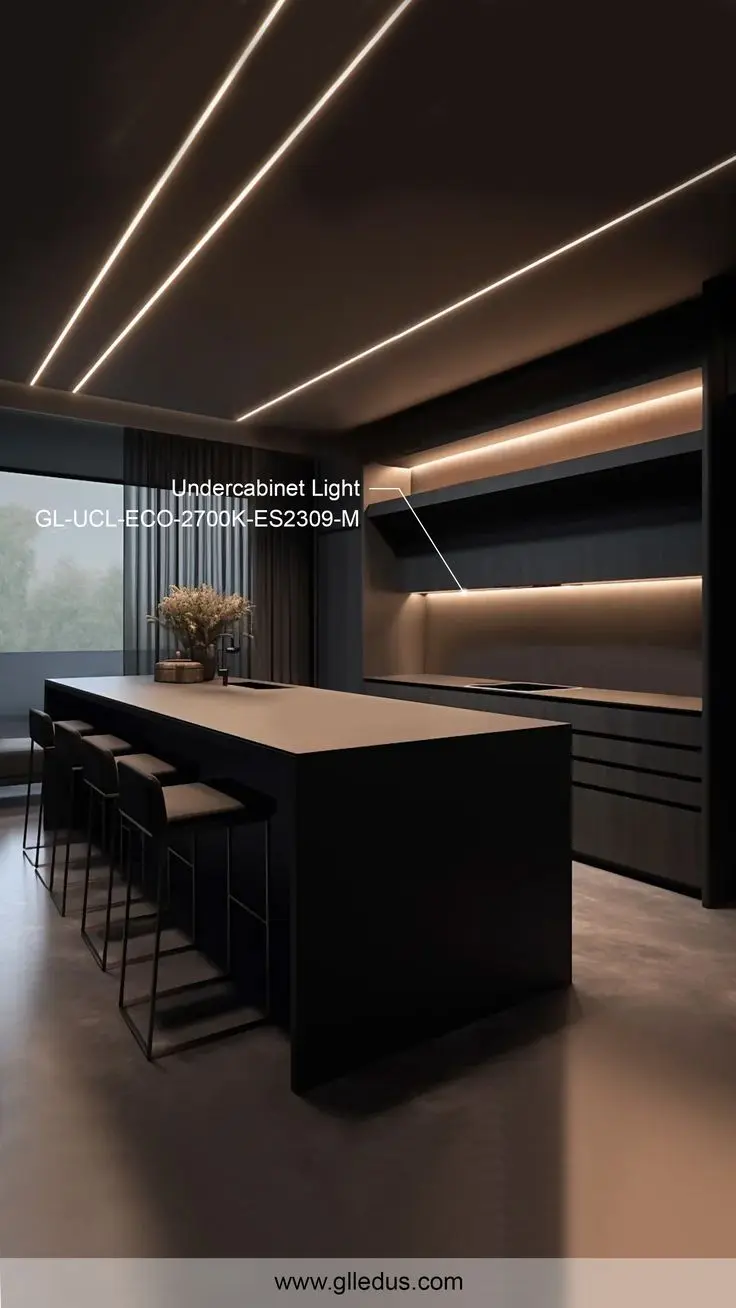آشپزخانه مدرن با نورپردازی زیر کابینت و طراحی هماهنگ