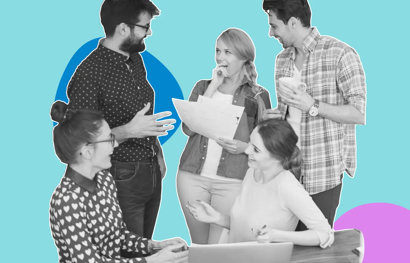 A diverse team discussing project details in a creative workspace