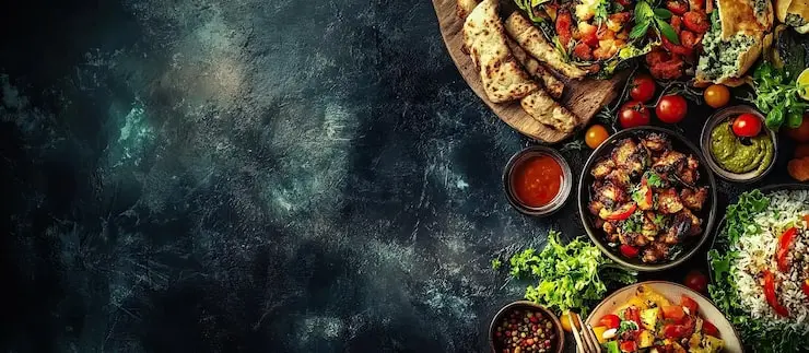 میز غذا پر از غذاهای متنوع و خوشمزه برای مهمانی