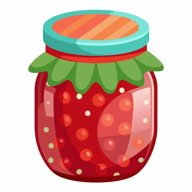 مربای خانگی در ظرف شیشه‌ای با درب رنگی