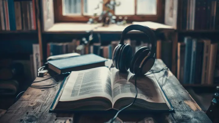 یک شخص در حال گوش دادن به کتاب صوتی با استفاده از هدست در سفر
