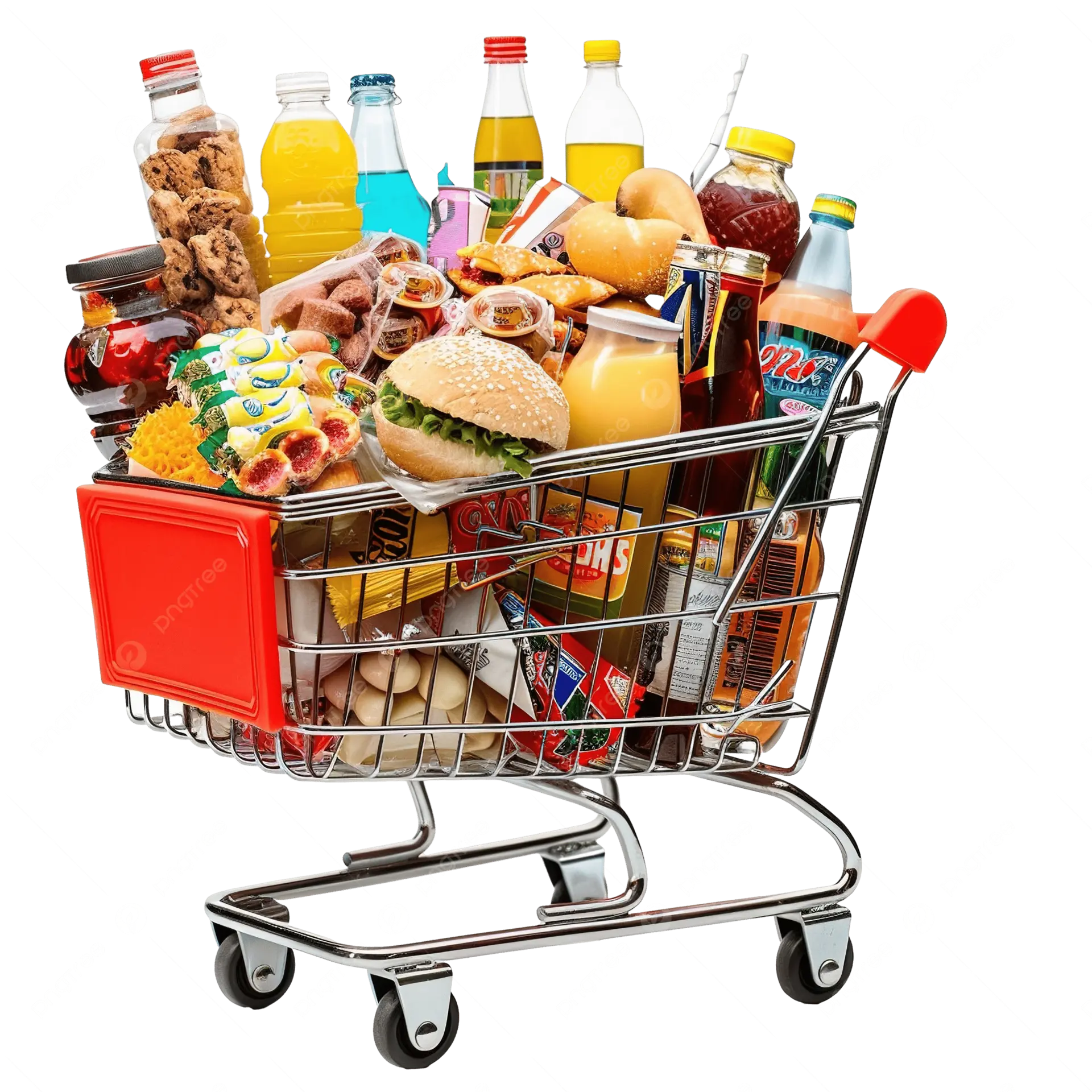 سبد خرید پر از مواد غذایی و نوشیدنیهای مختلف