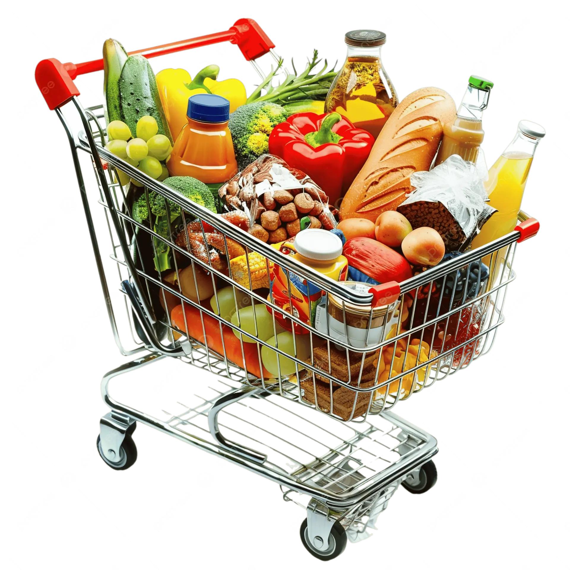 سبد خرید پر از مواد غذایی در فروشگاه