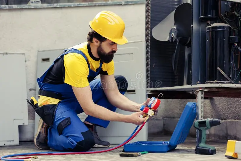 تعمیرکار حرفه‌ای در حال تعمیر و نگهداری سیستم HVAC با استفاده از ابزارهای تخصصی