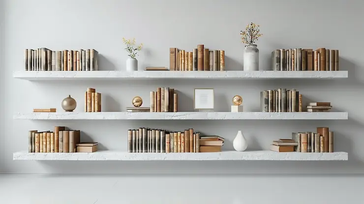 شلف کتاب با گلدانهای سفالی و کتابهای مرتب شده به صورت افقی و عمودی