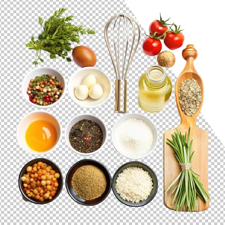 مصالح متنوع مانند لوبیا، گوجه‌فرنگی و گیاهان تازه
