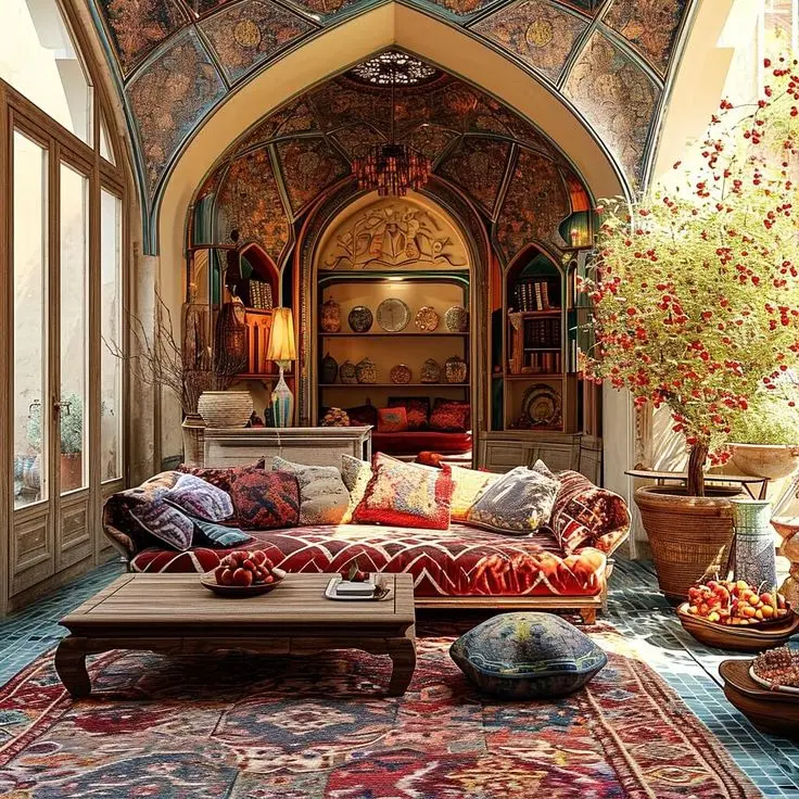 نمونه‌ای از ترکیب معماری سنتی و دکوراسیون مدرن در یک اتاق نشیمن