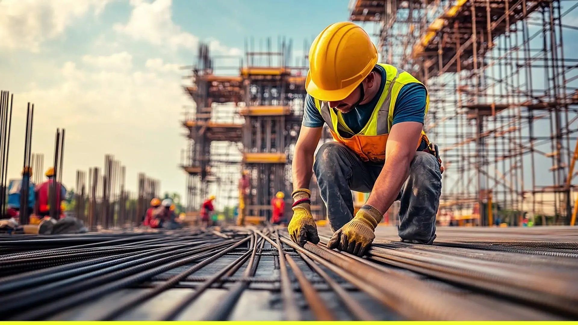 کارگر ساختمانی در حال اجرای عملیات بتن‌ریزی با دقت و استفاده از ابزارهای مناسب