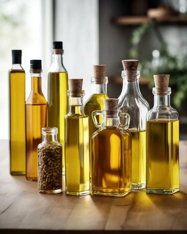 بوتلی روغن زیتون با برگ‌های زیتون و دانه‌های آن در کنار آن