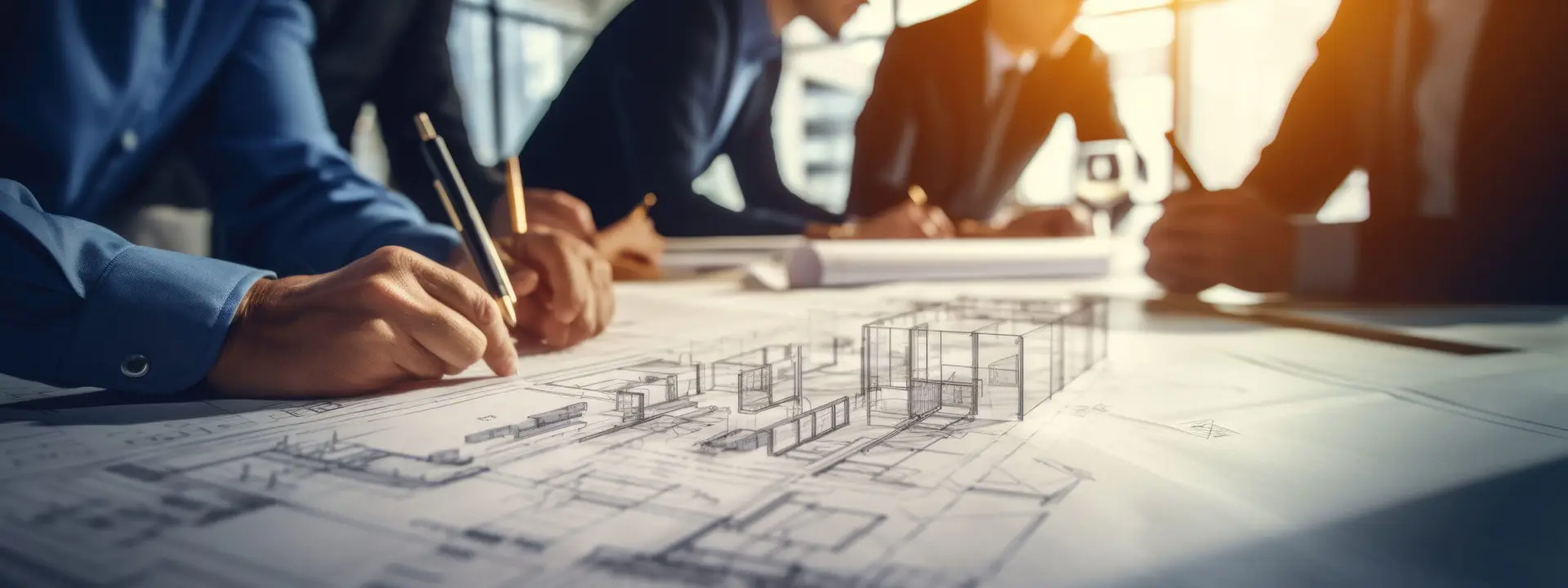 یک مهندس محاسب ساختمان در حال بررسی جزئیات مالی و فنی یک پروژه با تیم پروژه