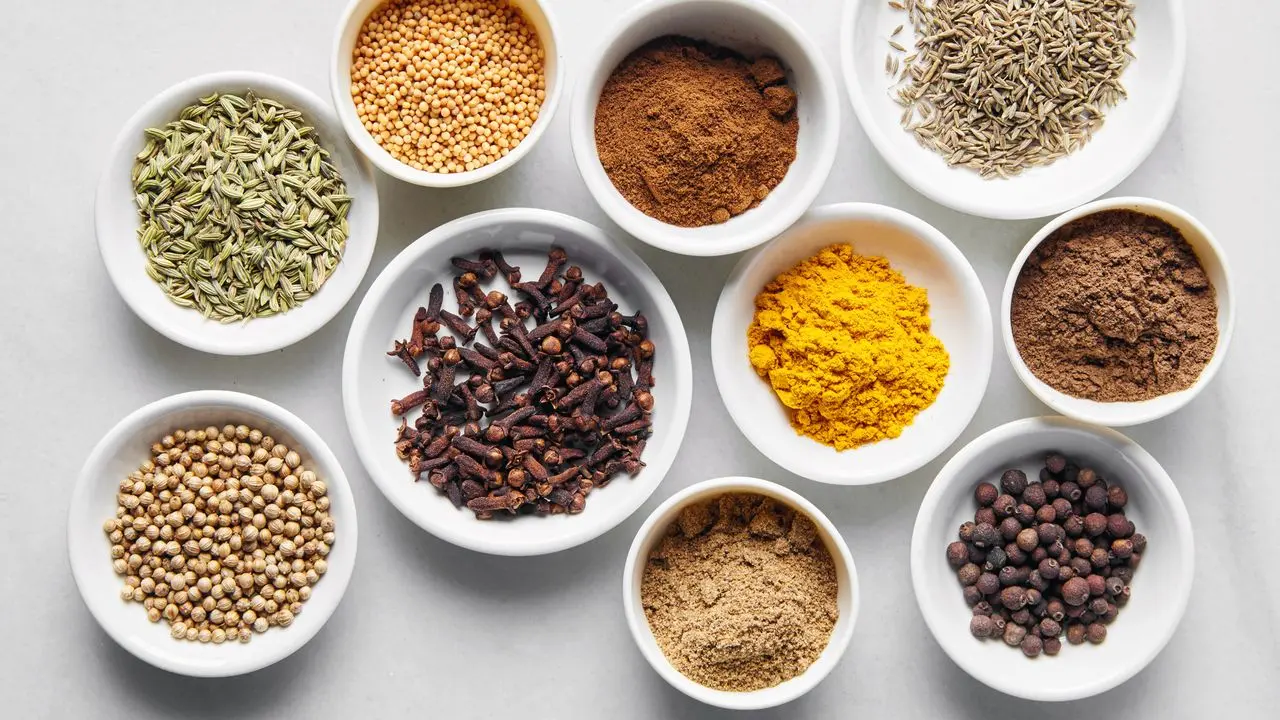 مقایسه بین ادویه‌های پودر شده و دانه‌ای در یک ظرف شیشه‌ای