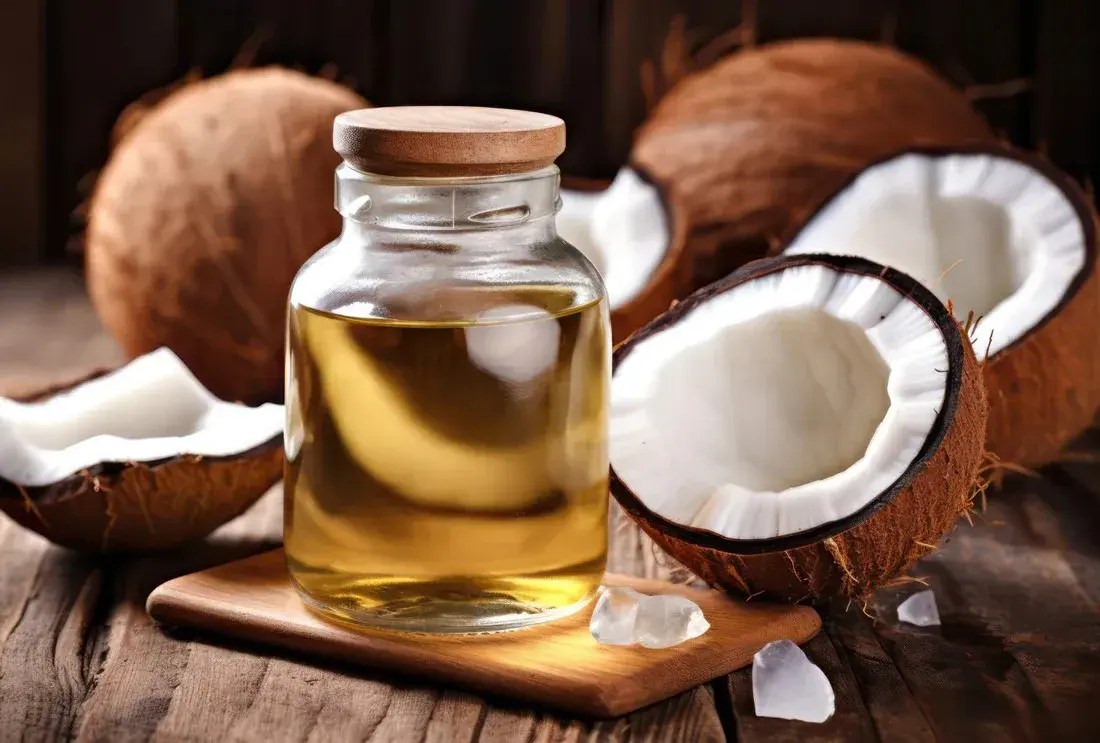 روغن نارگیل خام در ظرف شیشه‌ای با رنگ زرد روشن و بافت کریستالی