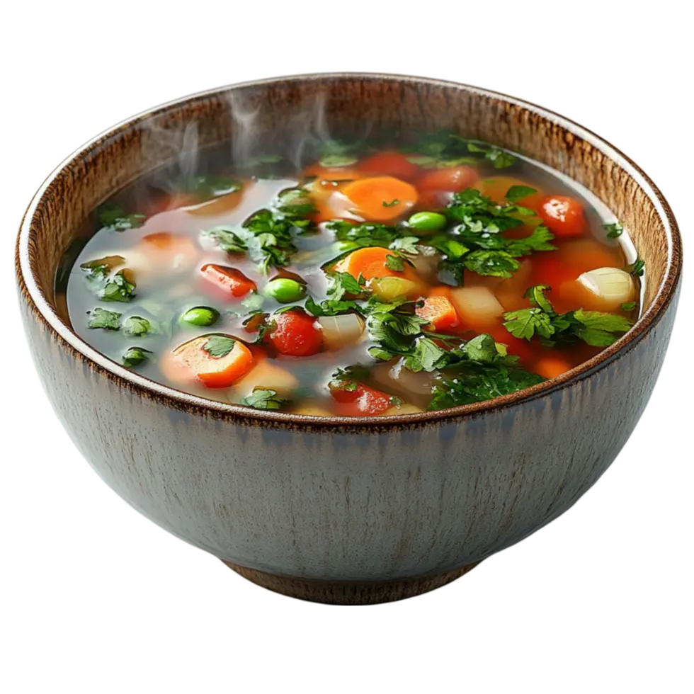 کاسه سوپ سبزیجاتی با سبزیجات تازه و گیاهان تازه