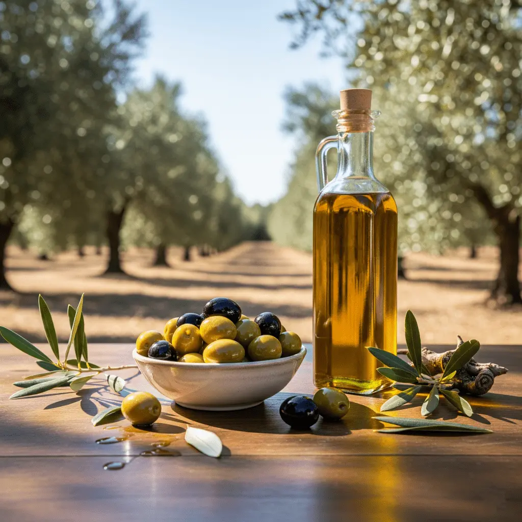 یک بطری روغن زیتون با برچسب و برگه‌های زیتون در کنار یک ظرف شیشه‌ای و یک قاشق چوبی