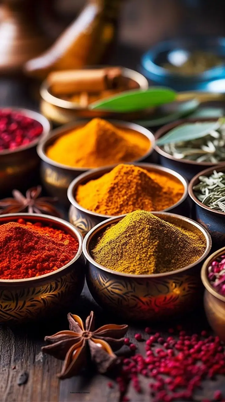 مجموعه‌ای از ادویه‌های مختلف در ظرف‌های جداگانه