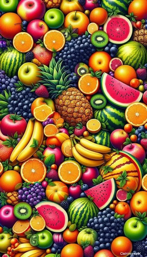 میوه‌های تازه در سینی چوبی با برگ‌های سبز و تازه