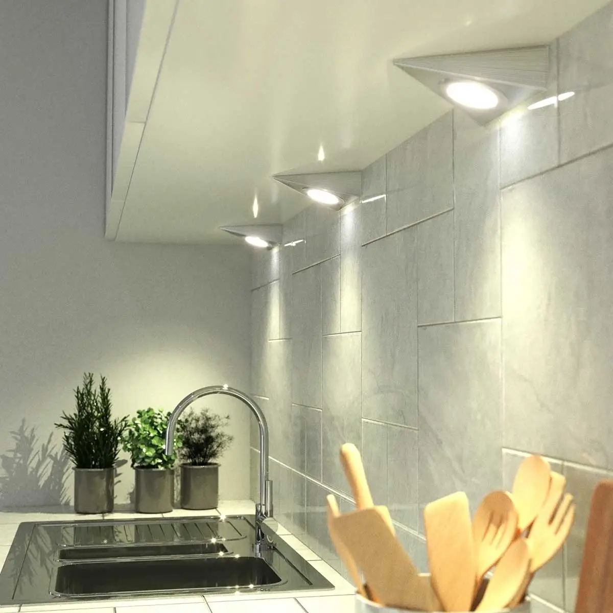 نمونه‌ای از چراغ زیر کابینتی با نور گرم و طراحی مدرن