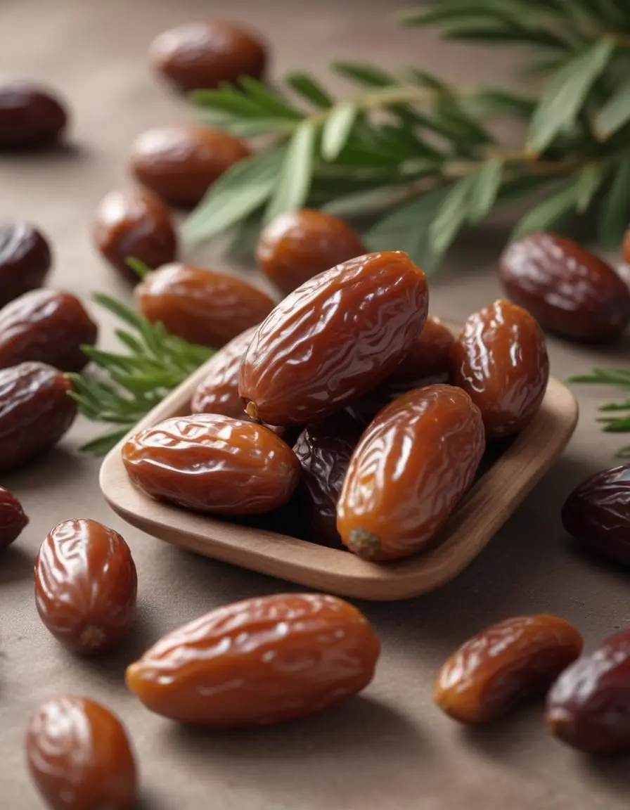 خرماهای تازه و خشک شده در یک سبد چوبی