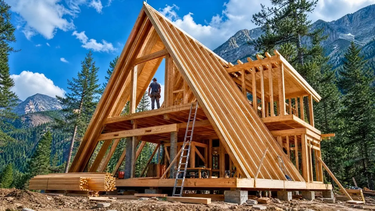 یک نمونه از ویلای سوئیسی با طراحی A-Frame و منظره طبیعی زیبا