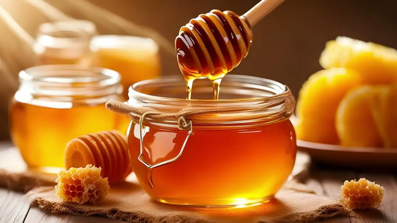 عسل طبیعی در ظرف شیشه‌ای با لایه کریستالی