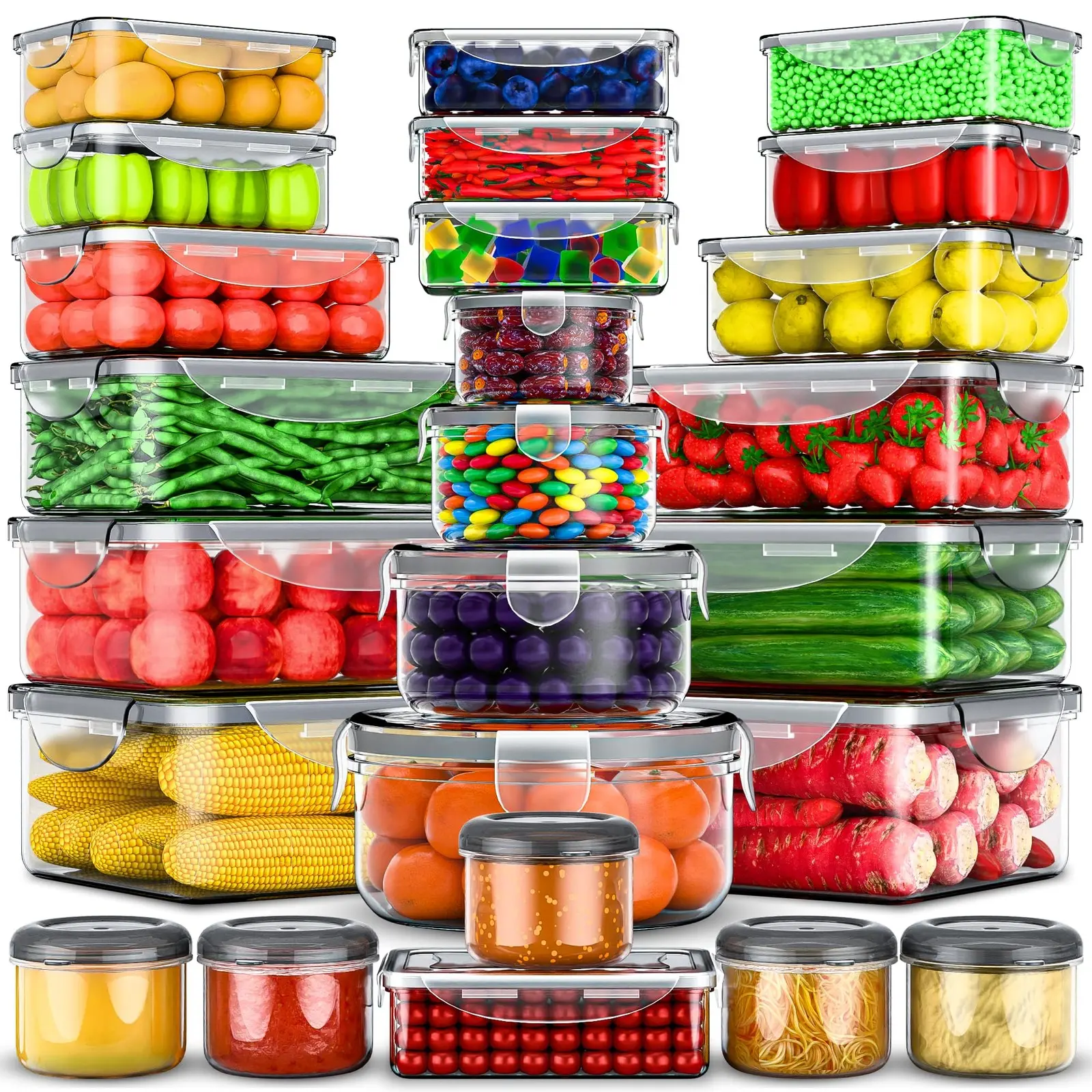 مجموعهای از ظروف شیشهای و پلاستیکی با درپوشهای مختلف برای نگهداری غذا