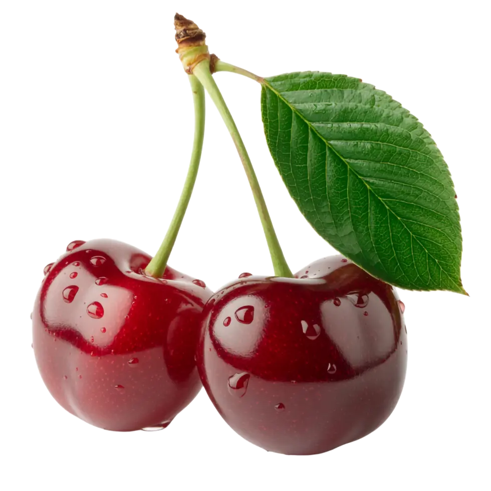 دو عدد آلبالو تازه با ساقه و برگ سبز و تازه