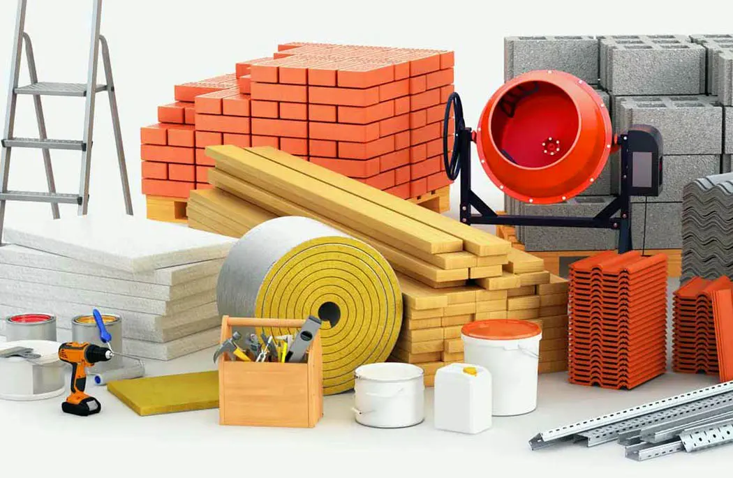 نمونه‌ای از مصالح ساختمانی استاندارد مانند سیمان و آجر در انبار مواد