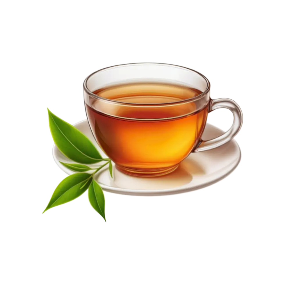 فنجان چای سفید با برگ چای روی پس‌زمینه شفاف